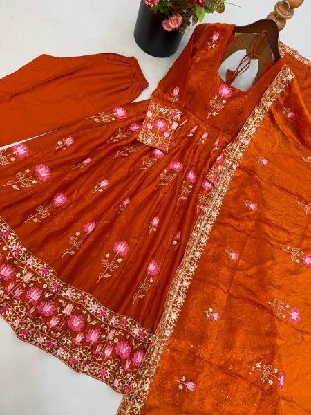 Alluring Orange Fendy Silk Full Flair Gown with Heavy Micro Cotton Inner at Factory Price Ready To Wear Collection