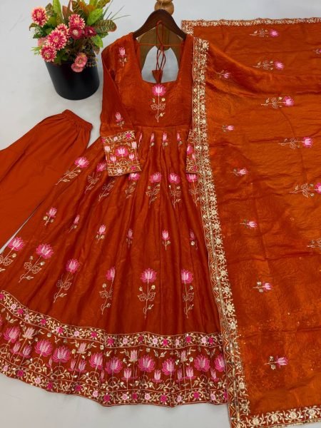 Alluring Orange Fendy Silk Full Flair Gown with Heavy Micro Cotton Inner at Factory Price Ready To Wear Collection