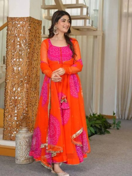 Alluring Orange Georgette Anarkali Suits Set With Beautiful Neck Design At Direct Exporter Price Ready To Wear Suit