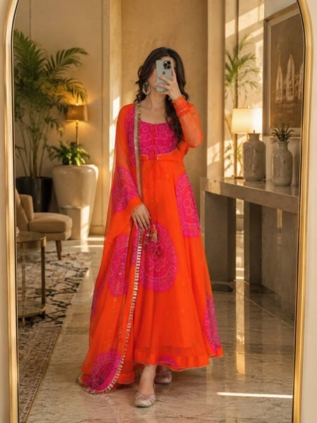 Alluring Orange Georgette Anarkali Suits Set With Beautiful Neck Design At Direct Exporter Price Ready To Wear Collection