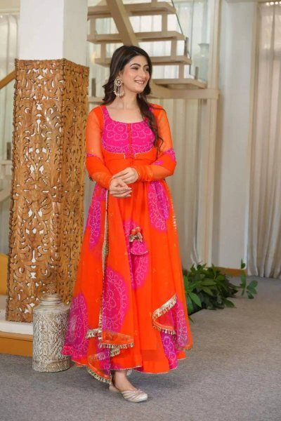Alluring Orange Georgette Anarkali Suits Set With Beautiful Neck Design At Direct Exporter Price Ready To Wear Collection