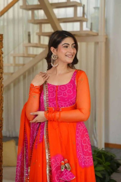 Alluring Orange Georgette Anarkali Suits Set With Beautiful Neck Design At Direct Exporter Price Ready To Wear Collection