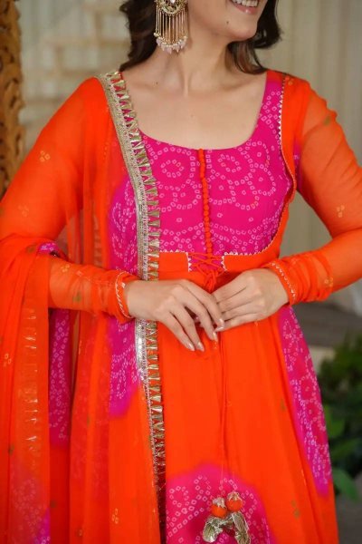 Alluring Orange Georgette Anarkali Suits Set With Beautiful Neck Design At Direct Exporter Price Ready To Wear Collection