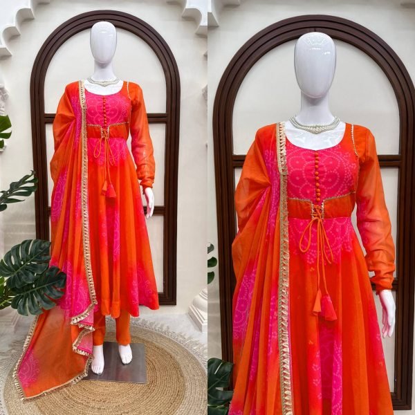 Alluring Orange Georgette Anarkali Suits Set With Beautiful Neck Design At Direct Exporter Price Ready To Wear Collection