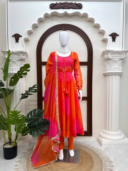Alluring Orange Georgette Anarkali Suits Set With Beautiful Neck Design At Direct Exporter Price Ready To Wear Collection
