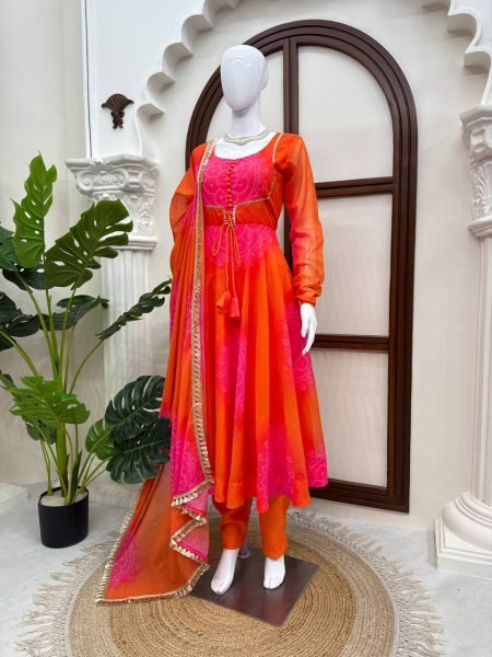 Alluring Orange Georgette Anarkali Suits Set With Beautiful Neck Design At Direct Exporter Price Ready To Wear Collection