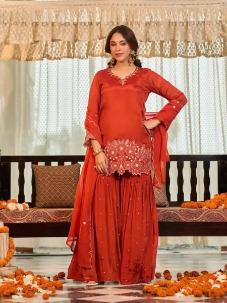 Alluring Orange Heavy Chinon Silk Embroidered Top with Moti Work Sharara Ready To Wear Suit