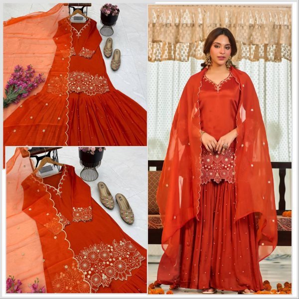 Alluring Orange Heavy Chinon Silk Embroidered Top with Moti Work Sharara Ready To Wear Collection