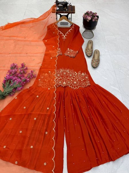 Alluring Orange Heavy Chinon Silk Embroidered Top with Moti Work Sharara Ready To Wear Collection