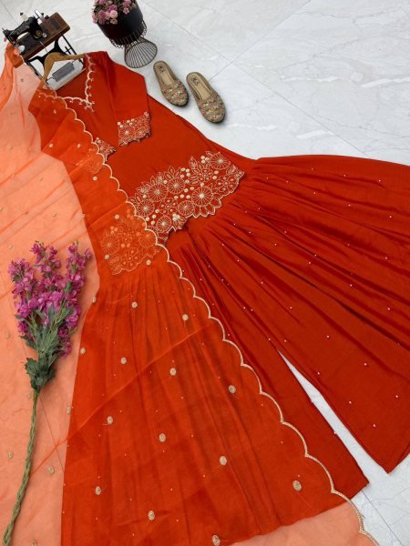 Alluring Orange Heavy Chinon Silk Embroidered Top with Moti Work Sharara Ready To Wear Collection