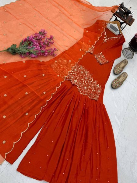 Alluring Orange Heavy Chinon Silk Embroidered Top with Moti Work Sharara Ready To Wear Collection