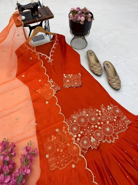 Alluring Orange Heavy Chinon Silk Embroidered Top with Moti Work Sharara Ready To Wear Collection