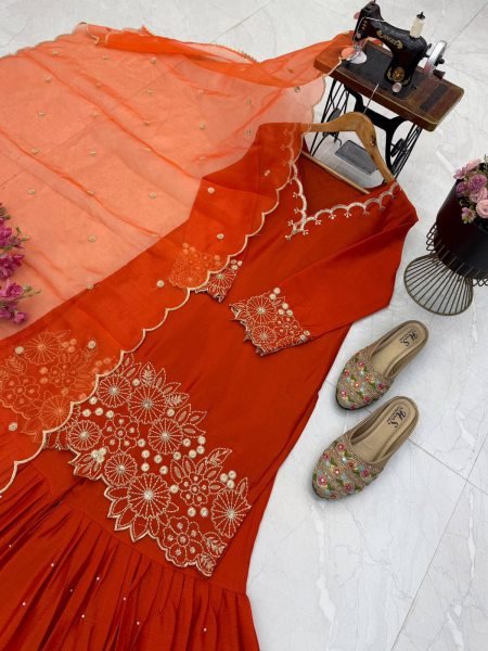 Alluring Orange Heavy Chinon Silk Embroidered Top with Moti Work Sharara Ready To Wear Collection