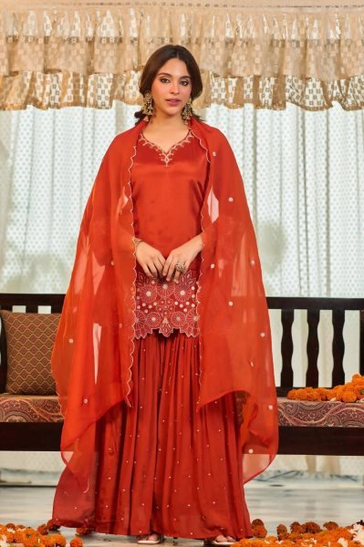 Alluring Orange Heavy Chinon Silk Embroidered Top with Moti Work Sharara Ready To Wear Collection