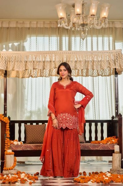 Alluring Orange Heavy Chinon Silk Embroidered Top with Moti Work Sharara Ready To Wear Collection