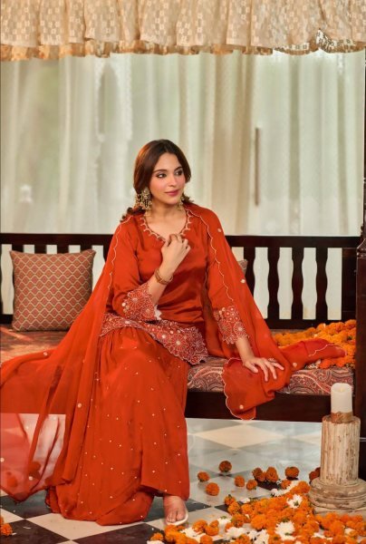 Alluring Orange Heavy Chinon Silk Embroidered Top with Moti Work Sharara Ready To Wear Collection