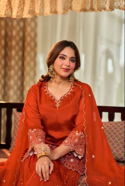 Alluring Orange Heavy Chinon Silk Embroidered Top with Moti Work Sharara Ready To Wear Collection