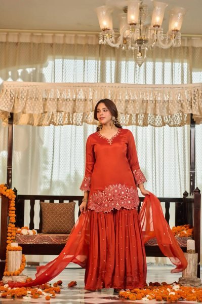Alluring Orange Heavy Chinon Silk Embroidered Top with Moti Work Sharara Ready To Wear Collection