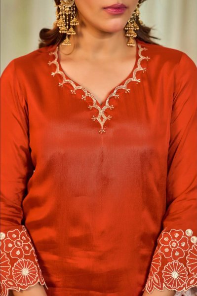 Alluring Orange Heavy Chinon Silk Embroidered Top with Moti Work Sharara Ready To Wear Collection