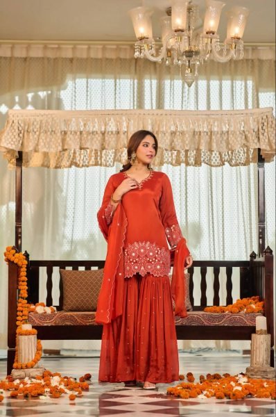 Alluring Orange Heavy Chinon Silk Embroidered Top with Moti Work Sharara Ready To Wear Collection
