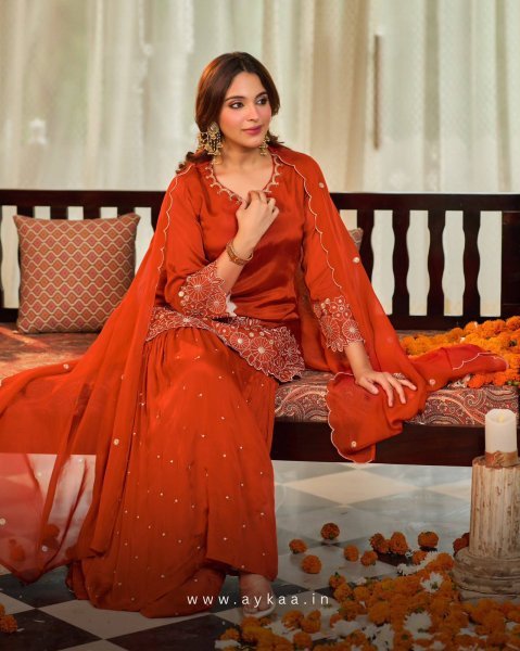 Alluring Orange Heavy Chinon Silk Embroidered Top with Moti Work Sharara Ready To Wear Collection