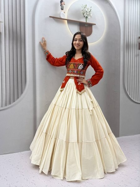 Alluring Orange Pure Cotton Top with Kodi Gamthi Handwork and Kora Cotton Lehenga 