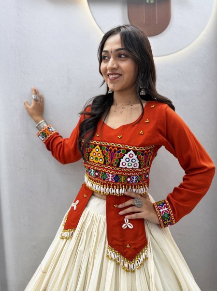 Alluring Orange Pure Cotton Top with Kodi Gamthi Handwork and Kora Cotton Lehenga Navratri Lehnega Choli