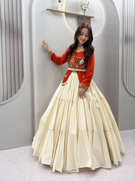 Alluring Orange Pure Cotton Top with Kodi Gamthi Handwork and Kora Cotton Lehenga Navratri Lehnega Choli