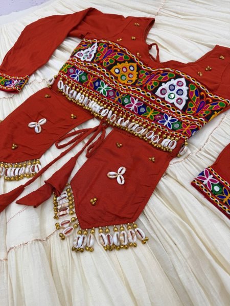 Alluring Orange Pure Cotton Top with Kodi Gamthi Handwork and Kora Cotton Lehenga Navratri Lehnega Choli