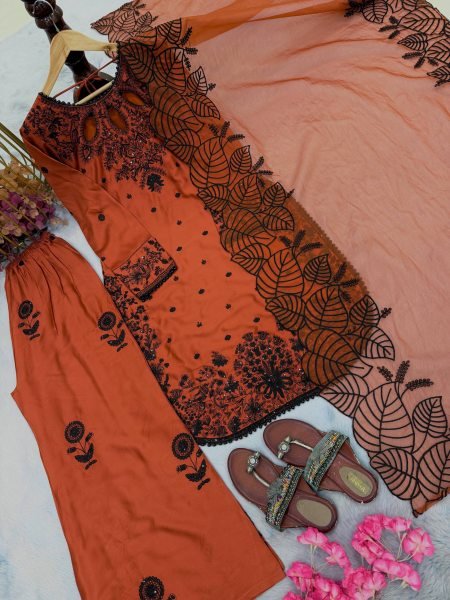Alluring Orange Satin Rayon Kurta With Fancy Moti Latkan Border Detailing For Women Ready To Wear Collection
