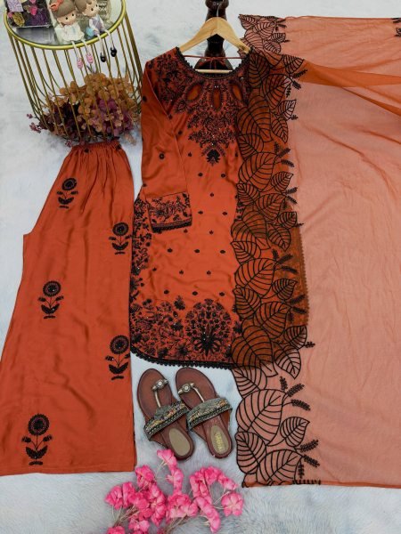 Alluring Orange Satin Rayon Kurta With Fancy Moti Latkan Border Detailing For Women Ready To Wear Collection