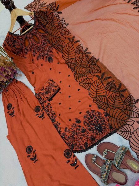 Alluring Orange Satin Rayon Kurta With Fancy Moti Latkan Border Detailing For Women Ready To Wear Collection