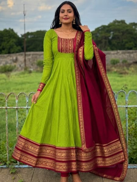 Alluring Parrot Green Full Length Cotton Chanderi Gown with Jacquard Silk Border Kurtis