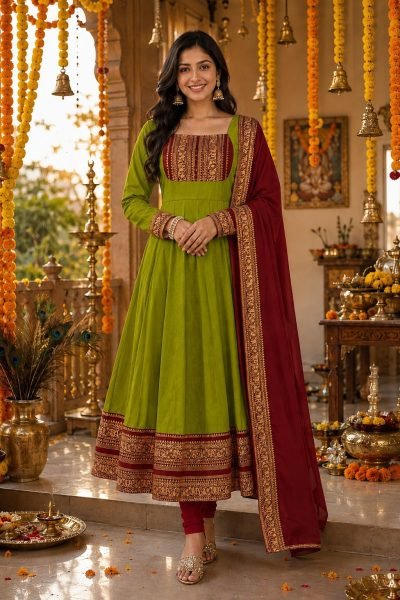 Alluring Parrot Green Full Length Cotton Chanderi Gown with Jacquard Silk Border Anarkali Kurtis 