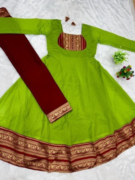Alluring Parrot Green Full Length Cotton Chanderi Gown with Jacquard Silk Border Anarkali Kurtis 