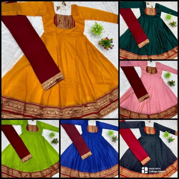 Alluring Parrot Green Full Length Cotton Chanderi Gown with Jacquard Silk Border Anarkali Kurtis 