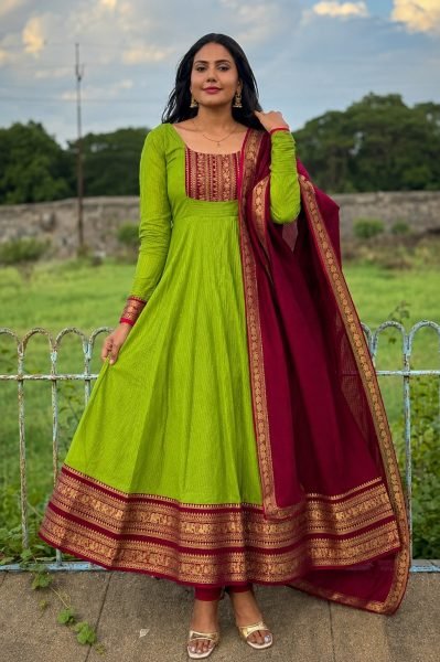 Alluring Parrot Green Full Length Cotton Chanderi Gown with Jacquard Silk Border Anarkali Kurtis 