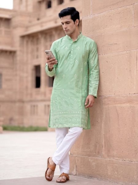 Alluring Parrot Green Men's Malai Silk Kurta with Heavy Sequins Embroidery for Festival Collection 