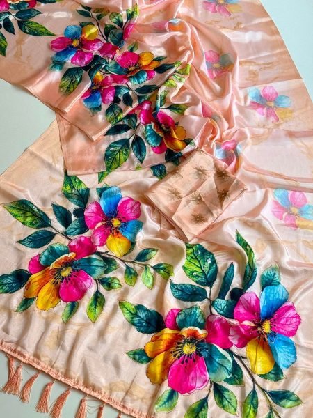 Alluring Peach Designer Chinon Silk Saree with Aari Embroidery and Flower Digital Print Sarees 