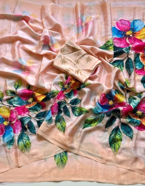 Alluring Peach Designer Chinon Silk Saree with Aari Embroidery and Flower Digital Print Printed Cotton Sarees Wholesale
