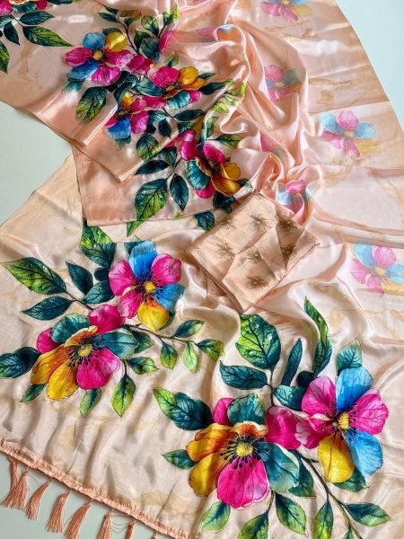 Alluring Peach Designer Chinon Silk Saree with Aari Embroidery and Flower Digital Print Printed Cotton Sarees Wholesale