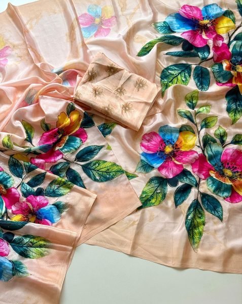 Alluring Peach Designer Chinon Silk Saree with Aari Embroidery and Flower Digital Print Printed Cotton Sarees Wholesale