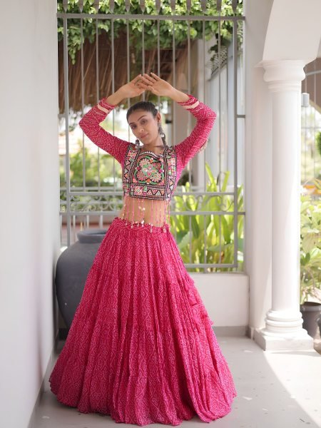 Alluring Pink Bandhani Print Lehenga Choli with Designer Square Neck For Dandiya  Lehenga