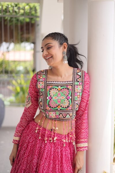 Alluring Pink Bandhani Print Lehenga Choli with Designer Square Neck For Dandiya Navratri Lehnega Choli
