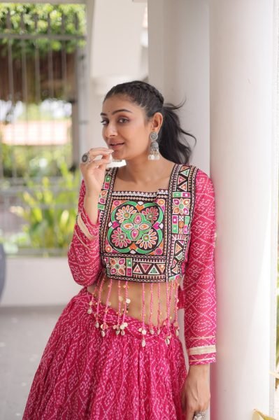 Alluring Pink Bandhani Print Lehenga Choli with Designer Square Neck For Dandiya Navratri Lehnega Choli