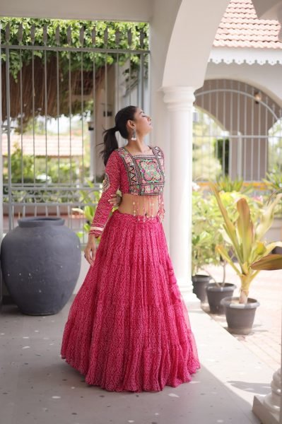 Alluring Pink Bandhani Print Lehenga Choli with Designer Square Neck For Dandiya Navratri Lehnega Choli