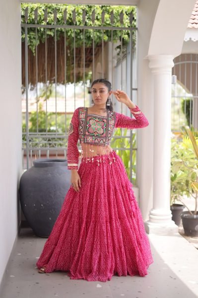Alluring Pink Bandhani Print Lehenga Choli with Designer Square Neck For Dandiya Navratri Lehnega Choli