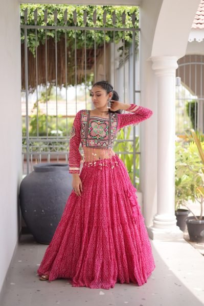 Alluring Pink Bandhani Print Lehenga Choli with Designer Square Neck For Dandiya Navratri Lehnega Choli