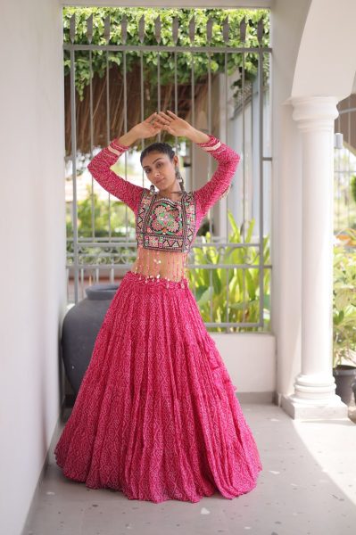 Alluring Pink Bandhani Print Lehenga Choli with Designer Square Neck For Dandiya Navratri Lehnega Choli