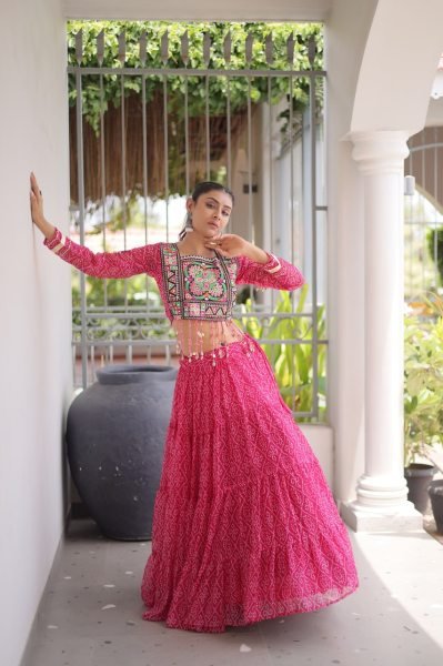 Alluring Pink Bandhani Print Lehenga Choli with Designer Square Neck For Dandiya Navratri Lehnega Choli